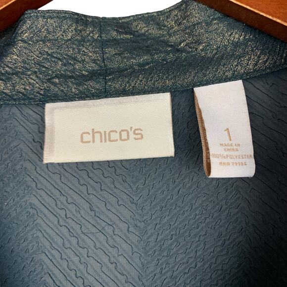 Chicos Teal Gold Shirt Blouse Top Shimmery Pockets 3/4 Sleeves Women's 1 M 8 - Picture 4 of 6